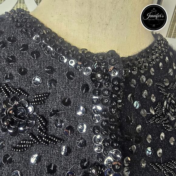 Cécile Bermuda Vintage Black Lambswool Angora Sequin Beaded Cardigan Size 12 - Picture 4 of 16